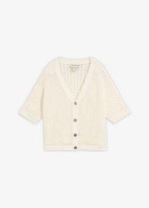 Sweter rozpinany w ażurowy wzór z dodatkiem lnu. Białe kardigany bonprix, z bawełny, bez kołnierzyka. Za 169,99 zł.