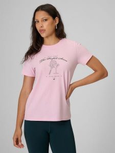 4F T-shirt regular z nadrukiem damski - różowy M. Czerwone t-shirty 4f, m, bez wzorów, z bawełny, bez kołnierzyka, bez ramiączek. Za 59,99 zł.