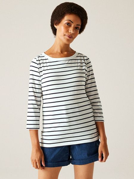 Regatta Koszulka "Baylette II" w kolorze biało-granatowym rozmiar: 38. Białe bluzki Regatta, bez wzorów, bez kołnierzyka, bez ramiączek. Za 69,91 zł.