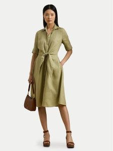 LAUREN RALPH LAUREN Sukienka koszulowa 200905667015 Zielony Regular Fit. Zielone sukienki Lauren Ralph Lauren, bez wzorów, ze lnu, bez kołnierzyka, bez ramiączek, koszulowe. Za 639,99 zł.
