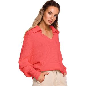 Sweter w Szpic z Kołnierzykiem - Brzoskwiniowy. Pomarańczowe swetry klasyczne MOE, l, z materiału, bez kołnierzyka. Za 228,90 zł.