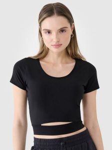 4F T-shirt crop top gładki damski - czarny XS. Czarne t-shirty 4f, xs, bez wzorów, z bawełny, bez kołnierzyka, bez ramiączek. W wyprzedaży za 39,99 zł.