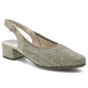 Czółenka damskie Rieker, cholewka z materiału tekstylnego pasek wokół pięty z regulacją na klamrę, zielone, 47060-52. Zielone czółenka Rieker, bez wzorów, bez obcasa, bez zapięcia. Za 299,00 zł.