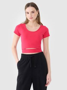 4F T-shirt crop top gładki damski - różowy XL. Czerwone t-shirty 4f, xl, bez wzorów, z bawełny, bez kołnierzyka, bez ramiączek. W wyprzedaży za 19,99 zł.