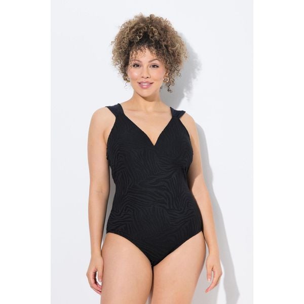 Damski Strój kąpielowy wiązanie tygrysia struktura miękkie miseczki. Czarne stroje jednoczęściowe Ulla Popken, bez wzorów, z elastanu. Za 294,99 zł.