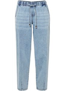 Dżinsy Barrel, mid waist, z wygodnym paskiem. Niebieskie jeansy bonprix, bez wzorów, z jeansu. Za 149,99 zł.