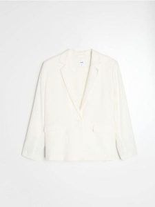 Żakiet z kieszeniami z domieszką wiskozy i lnu - biały. Białe marynarki i żakiety Sinsay, l, bez wzorów, z wiskozy. Za 79,99 zł.