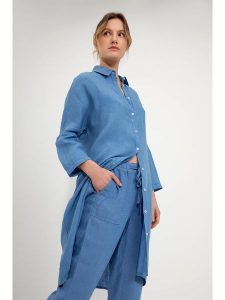 Josephine & Co Lniana bluzka "Lorenne" w kolorze niebieskim rozmiar: 42. Niebieskie bluzki Josephine & Co, bez wzorów, ze lnu, bez kołnierzyka, bez ramiączek. Za 339,45 zł.