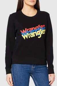 DAMSKA BLUZA MATERIAŁOWA WRANGLER CREW SWEAT BLACK W6Z2HA100 112130860. Czarne bluzy Wrangler, s, bez wzorów, z materiału, bez kaptura. Za 149,99 zł.