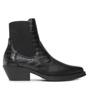 Botki ONLY. Czarne botki ONLY, bez wzorów, bez obcasa, na słupku, bez zapięcia. Za 249,99 zł.