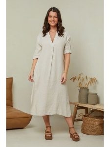 Curvy Lady Lniana sukienka w kolorze beżowym rozmiar: 40/42. Brązowe sukienki Curvy Lady, bez wzorów, ze lnu, klasyczne, bez kołnierzyka, bez ramiączek, midi. Za 184,46 zł.