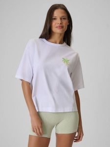 4F T-shirt boxy z nadrukiem damski - biały XL. Białe t-shirty 4f, xl, bez wzorów, z bawełny, bez kołnierzyka, bez ramiączek. Za 69,99 zł.