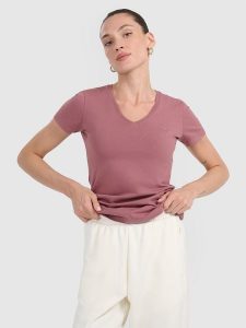 4F T-shirt slim gładki damski - czerwony M. Czerwone t-shirty 4f, m, bez wzorów, ze skóry, bez kołnierzyka, bez ramiączek. Za 59,99 zł.