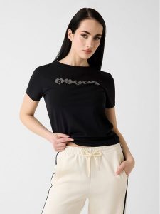 Guess T-Shirt V6YI08 K4689 Czarny Regular Fit. Czarne t-shirty Guess, xs, z aplikacjami, z bawełny, bez kołnierzyka, bez ramiączek. Za 174,99 zł.