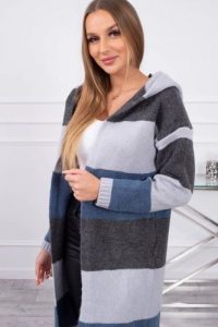Sweter w pasy trzykolorowy grafitowy+szary+jeans. Szare długie swetry KESI, l, z jeansu, bez kołnierzyka, plus size. Za 123,43 zł.