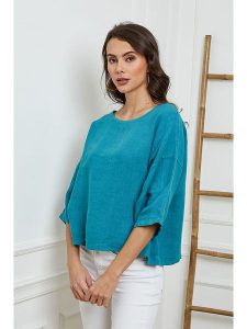 Fleur de Lin Lniana bluzka "Georginia" w kolorze turkusowym rozmiar: L. Niebieskie bluzki Fleur de Lin, l, bez wzorów, ze lnu, bez kołnierzyka, bez ramiączek. Za 140,53 zł.
