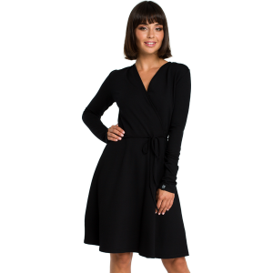 Rozkloszowana kopertowa wiązana sukienka czarna. Czarne sukienki Bewear, na co dzień, s, bez wzorów, z bawełny, eleganckie, bez kołnierzyka, bez ramiączek, midi, dopasowane. Za 189,00 zł.