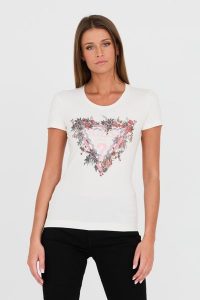GUESS Biały t-shirt z logo. Białe t-shirty Guess, s, z aplikacjami, z bawełny, bez kołnierzyka, bez ramiączek. W wyprzedaży za 184,99 zł.