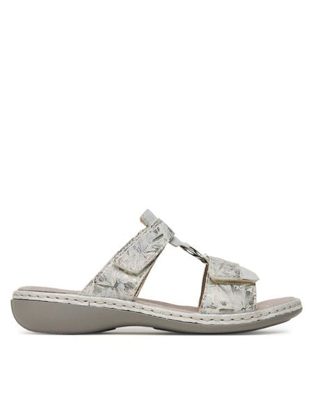 Rieker Klapki 659X6-80 Srebrny. Szare klapki Rieker, bez wzorów, ze skóry, bez obcasa. Za 319,99 zł.