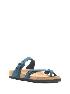 Comfortfusse Skórzane japonki w kolorze granatowym rozmiar: 39. Niebieskie klapki Comfortfüße, bez wzorów, z nubiku, z otwartym noskiem, bez obcasa. Za 252,99 zł.