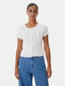 Tommy Jeans Bluzka DW0DW20377 Biały Slim Fit. Białe bluzki Tommy Jeans, xxs, bez wzorów, z bawełny, bez kołnierzyka, bez ramiączek. Za 169,99 zł.