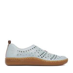 Półbuty Rieker. Niebieskie półbuty Rieker, bez wzorów, bez obcasa, na płaskiej podeszwie, bez zapięcia. Za 299,99 zł.