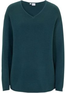 Sweter z dzianiny Milano w prążek, z dekoltem w serek. Niebieskie swetry klasyczne bonprix, z dzianiny, bez kołnierzyka. Za 102,99 zł.