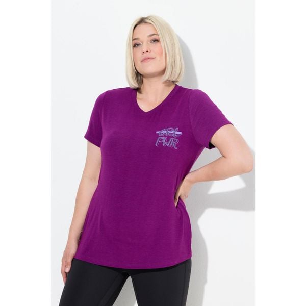 Damskie Bluzka funkcyjna wycięcia dekolt w serek rękaw 1/2 z recyklingu. Fioletowe koszulki sportowe Ulla Popken, bez wzorów, z elastanu, bez ramiączek. Za 199,99 zł.