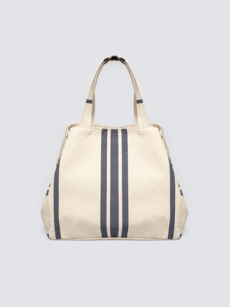 Torba plażowa z granatowymi paskami kremowa Berli 102. Białe torebki klasyczne Big Star, bez wzorów, z bawełny, duże, bez dodatków. Za 179,99 zł.