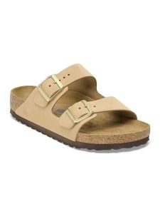 Birkenstock Skórzane klapki "Arizona" w kolorze beżowym rozmiar: 36. Brązowe klapki Birkenstock, bez wzorów, z otwartym noskiem, bez obcasa. Za 483,17 zł.