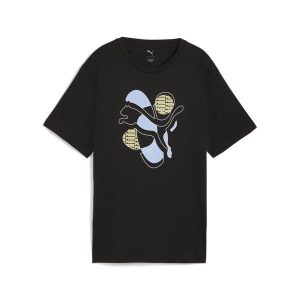 Damska koszulka o luźnym kroju z energetyzującą grafiką PUMA Black. Czarne bluzki Puma, bez wzorów, sportowe, bez kołnierzyka, bez ramiączek. Za 109,00 zł.