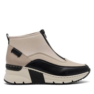 Botki Rieker. Brązowe botki Rieker, bez wzorów, bez obcasa, na koturnie, bez zapięcia. Za 230,99 zł.