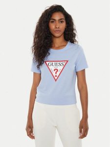 Guess T-Shirt W1YI1B I3Z14 Błękitny Regular Fit. Niebieskie t-shirty Guess, xs, z aplikacjami, z bawełny, bez kołnierzyka, bez ramiączek. Za 159,99 zł.