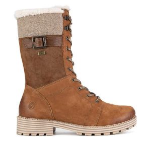 Trzewiki Remonte. Brązowe botki Remonte, bez wzorów, bez obcasa, na płaskiej podeszwie, bez zapięcia. Za 370,99 zł.