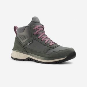 Buty turystyczne damskie Quechua NH500 skóra wodoodporne. Szare buty trekkingowe QUECHUA, ze skóry, przed kolano, bez zapięcia. Za 269,99 zł.