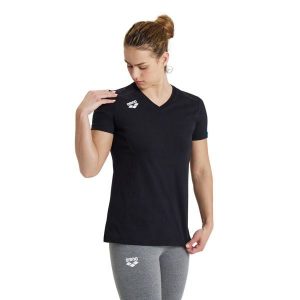Koszulka damska Arena Team T-Shirt Panel. Czarne koszulki sportowe Arena, bez wzorów, bez ramiączek, do pływania. Za 172,00 zł.