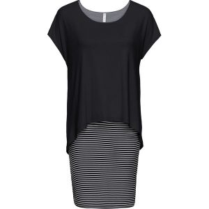 Sukienka z dżerseju z częścią spódnicową w paski. Niebieskie sukienki bonprix, bez wzorów, z dżerseju, eleganckie, bez kołnierzyka, bez ramiączek. Za 104,99 zł.