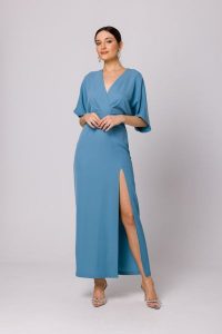 Maxi Sukienka z Długim Rozcięciem - Niebieska. Niebieskie sukienki MOE, l, bez wzorów, z elastanu, wizytowe, bez kołnierzyka, bez ramiączek, maxi. Za 326,90 zł.