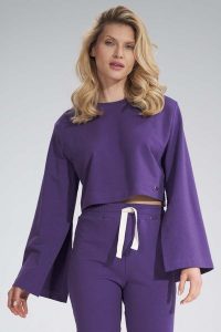 Krótka Bawełniana Bluza z Szerokim Rozciętym Rękawem - Fioletowa. Fioletowe spodnie dresowe Figl, s, bez wzorów, z bawełny. Za 209,00 zł.