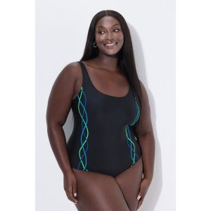 Damski Strój kąpielowy lamówki bez miękkich miseczek pas pod biustem. Czarne stroje jednoczęściowe Ulla Popken, bez wzorów, z elastanu. Za 139,99 zł.