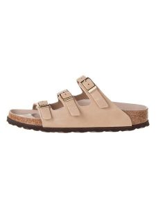 Birkenstock Skórzane klapki "Florida" w kolorze beżowym rozmiar: 35. Brązowe klapki Birkenstock, bez wzorów, z nubiku, z otwartym noskiem, bez obcasa. Za 404,95 zł.