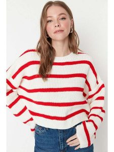 Trendyol Sweter w kolorze biało-czerwonym rozmiar: M. Białe swetry oversize Trendyol, m, bez wzorów, ze splotem, bez ramiączek. Za 91,99 zł.