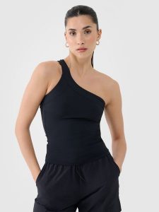 4F Crop-top slim z asymetrycznym ramiączkiem damski - czarny M. Czarne topy 4f, m, bez wzorów, z dzianiny, sportowe, z asymetrycznym kołnierzem, bez ramiączek. Za 59,99 zł.