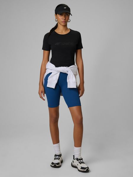 4F Legginsy kolarki z prążkowanej dzianiny damskie - turkusowe L. Niebieskie legginsy 4f, bez wzorów, z dzianiny, z podwyższonym stanem. Za 99,99 zł.