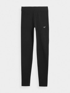 4F Legginsy dzianinowe damskie S. Czarne legginsy 4f, bez wzorów, z bawełny, z podwyższonym stanem. W wyprzedaży za 79,99 zł.
