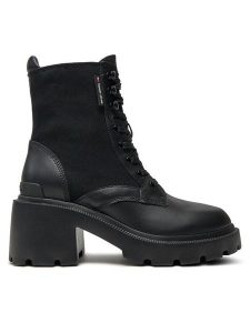Tommy Jeans Trzewiki Tjw Mid Heel Boot Mix Media EN0EN02556 Czarny. Czarne botki Tommy Jeans, bez wzorów, z jeansu, bez obcasa, na słupku, bez zapięcia. Za 479,99 zł.