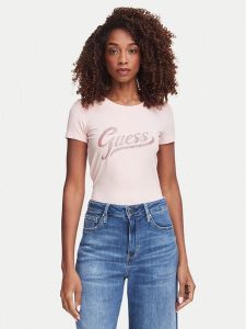 Guess T-Shirt W6YI21 K4337 Różowy Slim Fit. Czerwone t-shirty Guess, xs, z aplikacjami, z bawełny, bez kołnierzyka, bez ramiączek. Za 154,99 zł.