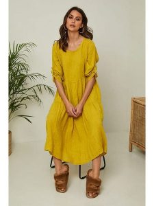 Fleur de Lin Lniana sukienka "Lantana" w kolorze żółtym rozmiar: L. Żółte sukienki Fleur de Lin, l, bez wzorów, ze lnu, bez kołnierzyka, bez ramiączek, maxi, rozkloszowane. Za 180,49 zł.