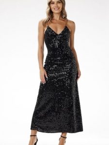 Sukienka Model A697 Black - awama. Czarne sukienki Awama, na karnawał, l, bez wzorów, z weluru, wizytowe, bez kołnierzyka, plus size, bez ramiączek, maxi, dopasowane. Za 367,73 zł.