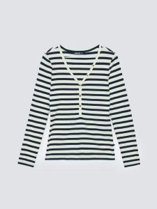 Bluzka damska z dekolotem v-neck w paski granatowa Mella 403. Niebieskie bluzki Big Star, l, bez wzorów, z bawełny, klasyczne, bez kołnierzyka, bez ramiączek. W wyprzedaży za 89,99 zł.